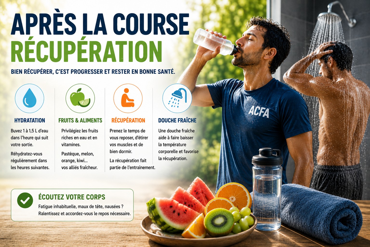 Après la course : hydratation, fruits, récupération et douche fraîche