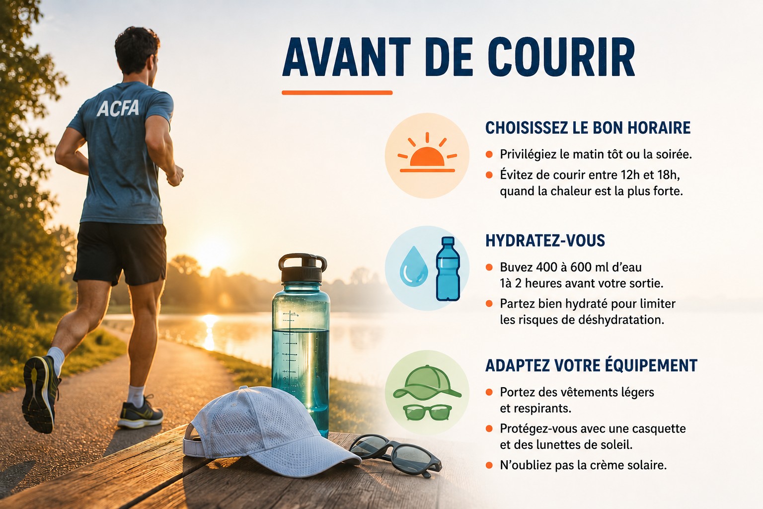 Avant de courir sous la chaleur : horaire, hydratation et équipement