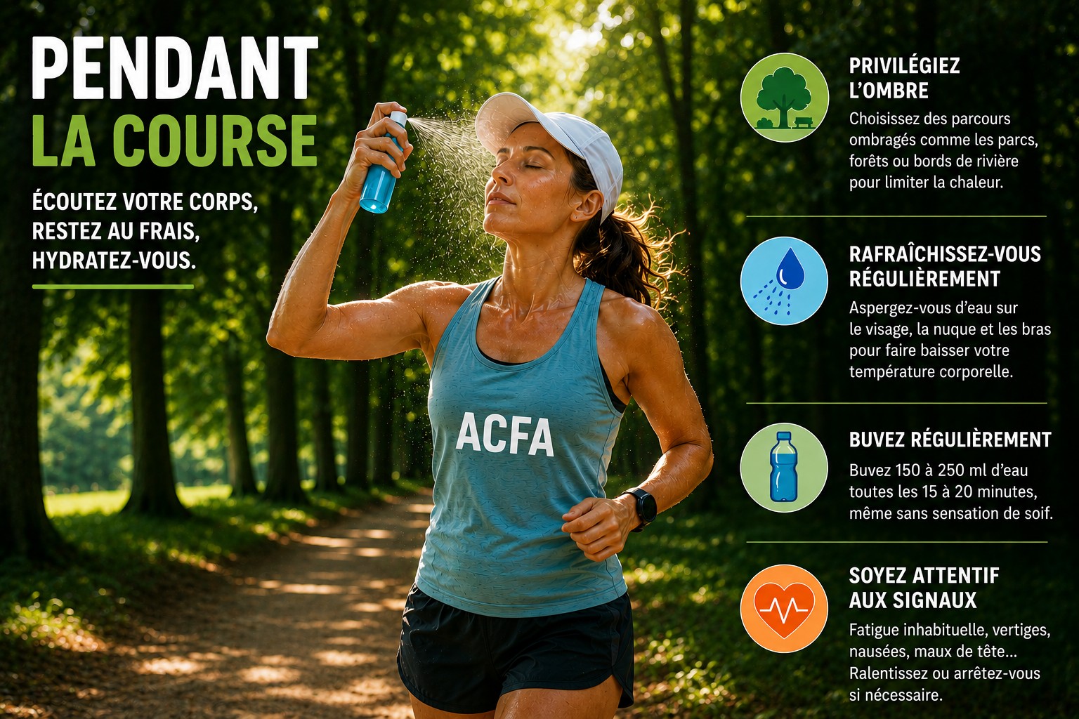 Pendant la course : s’hydrater, courir à l’ombre et se rafraîchir