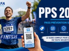 Bannière PPS 2026 avec un coureur franchissant la ligne d’arrivée, un smartphone affichant le Pass Prévention Santé et les informations prix, validité, assurance RC et mode d’emploi.