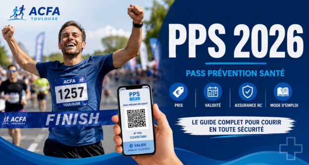 Bannière PPS 2026 avec un coureur franchissant la ligne d’arrivée, un smartphone affichant le Pass Prévention Santé et les informations prix, validité, assurance RC et mode d’emploi.