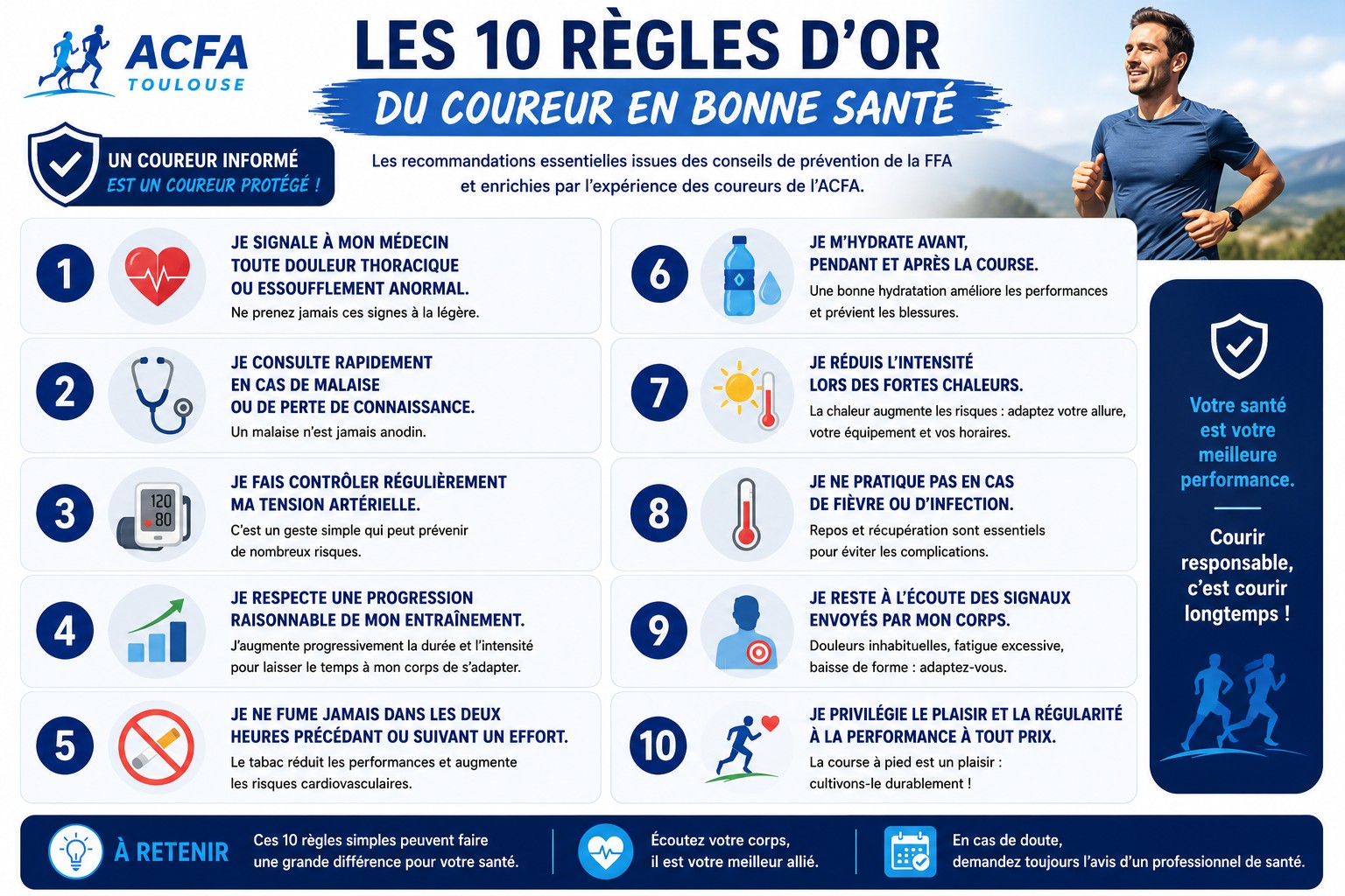 Infographie ACFA : les 10 règles d’or du coureur en bonne santé