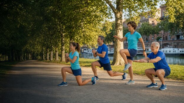 Coureurs de différents âges réalisant des exercices de renforcement musculaire à Toulouse