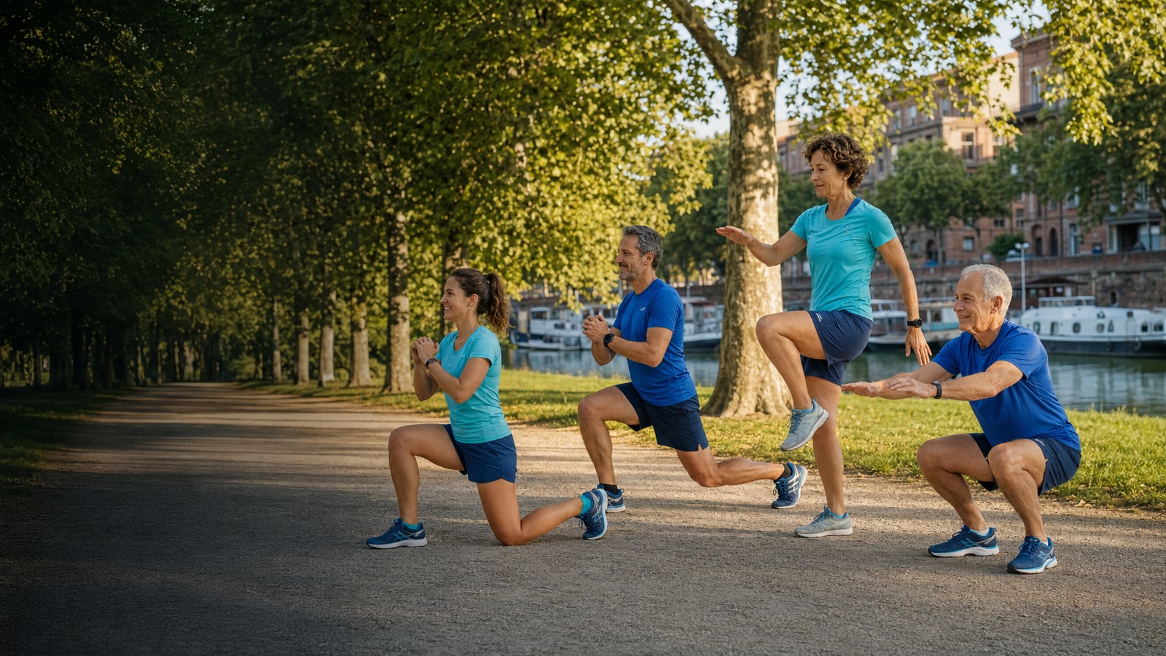 Coureurs de différents âges réalisant des exercices de renforcement musculaire à Toulouse