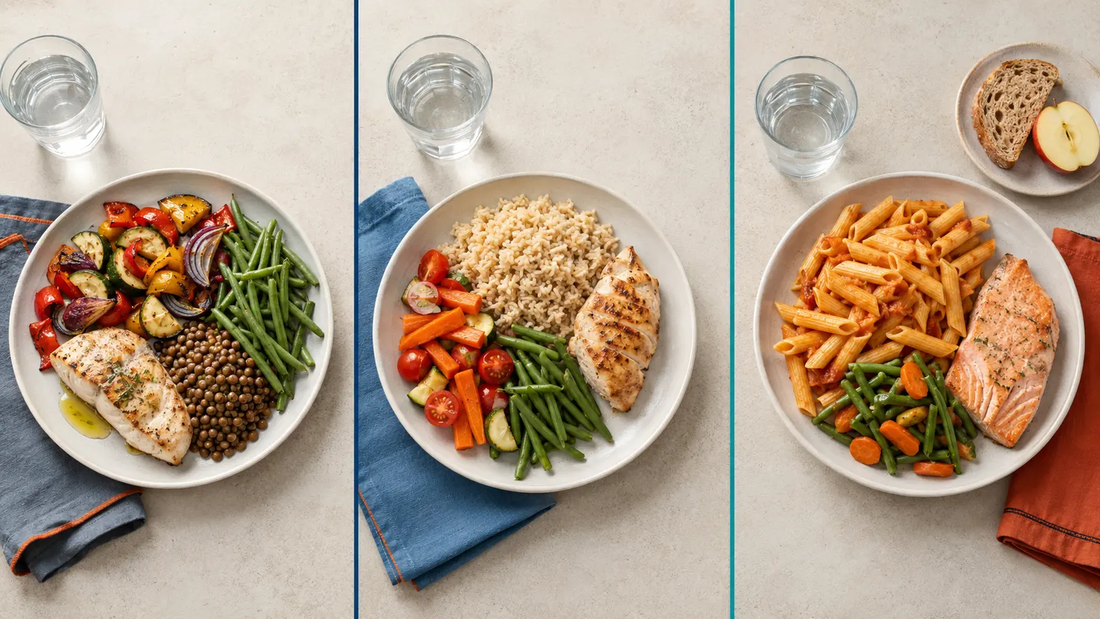 Trois assiettes de coureur montrant des proportions différentes de légumes, féculents et protéines selon la charge d’entraînement.
