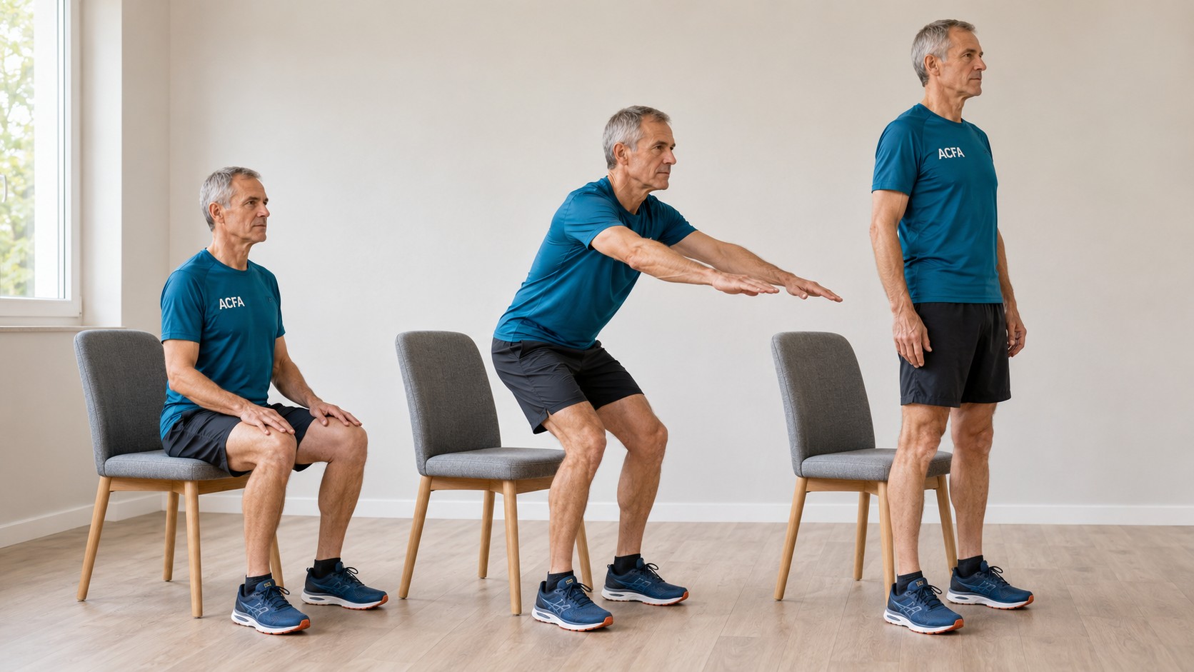 Exercice assis-debout présenté en trois étapes : position assise, phase de poussée puis position debout stable