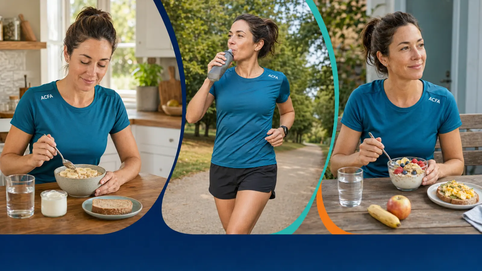 Même coureuse prenant un repas avant l’effort, buvant pendant la course et mangeant pour récupérer après la séance.