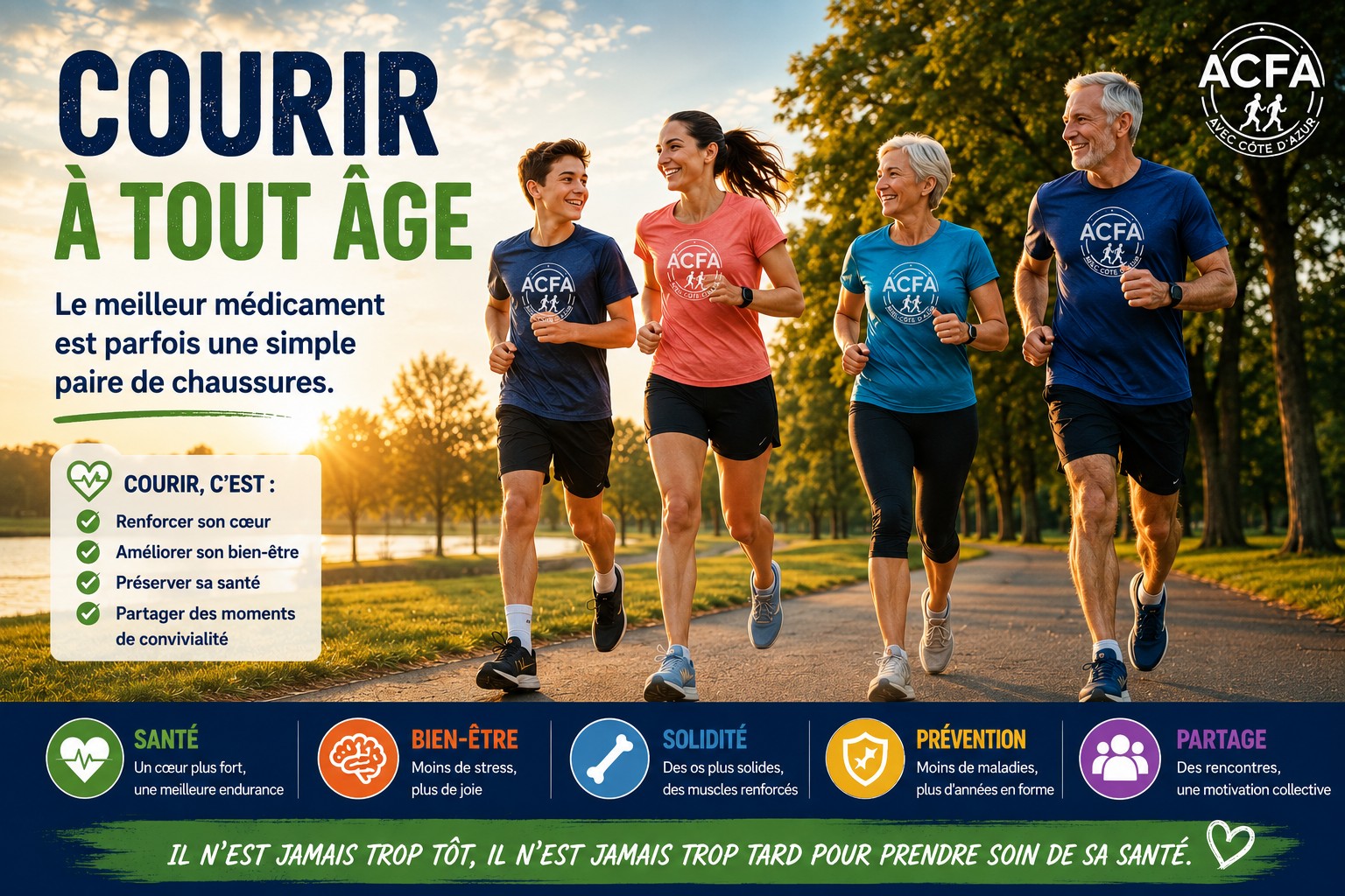 Coureurs et coureuses de différents âges portant les couleurs de l’ACFA