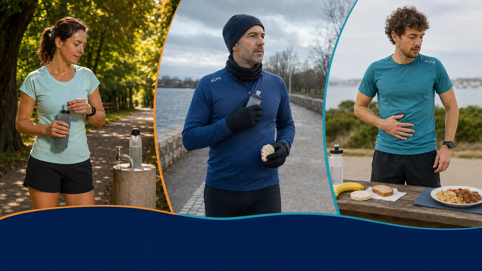 Trois coureurs illustrant la chaleur, le froid et une gêne digestive pendant la course.