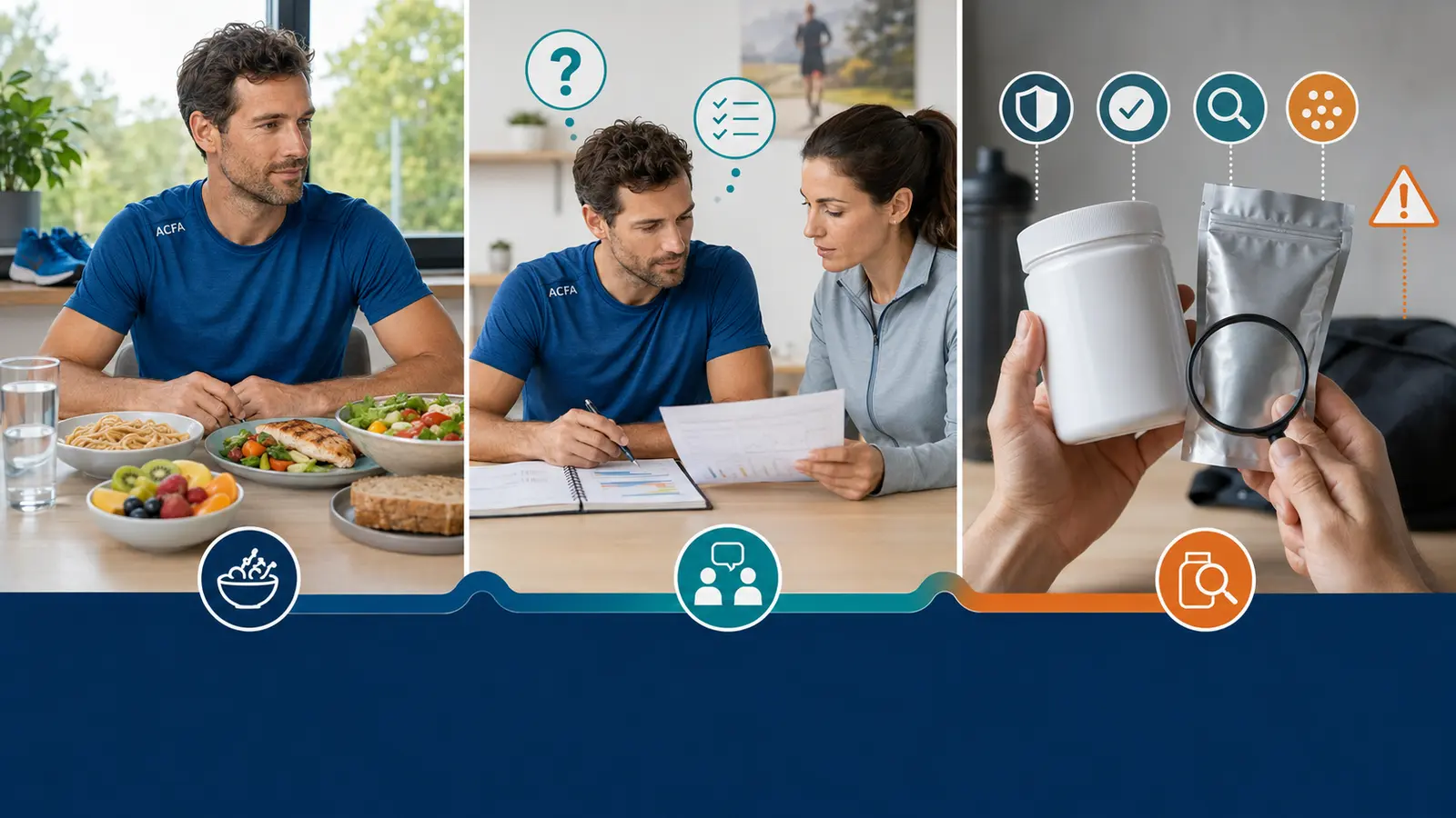 Coureur devant un repas équilibré, échange avec une professionnelle puis vérifie un complément non marqué.
