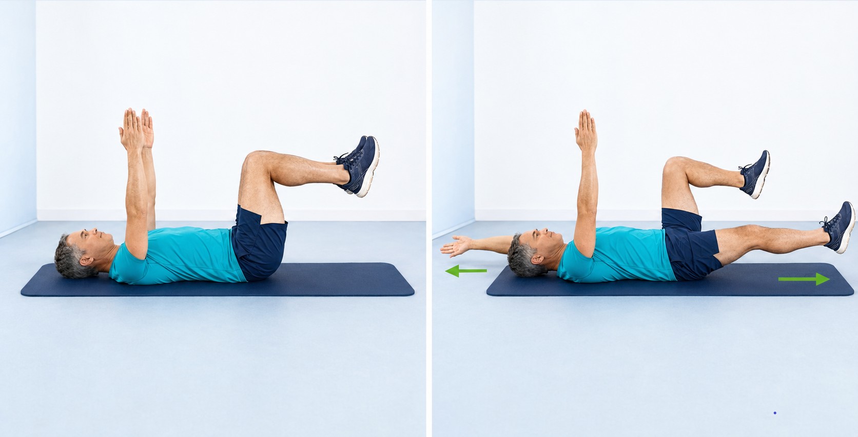 Dead bug présenté en deux étapes : position de départ puis extension d’un bras et de la jambe opposée