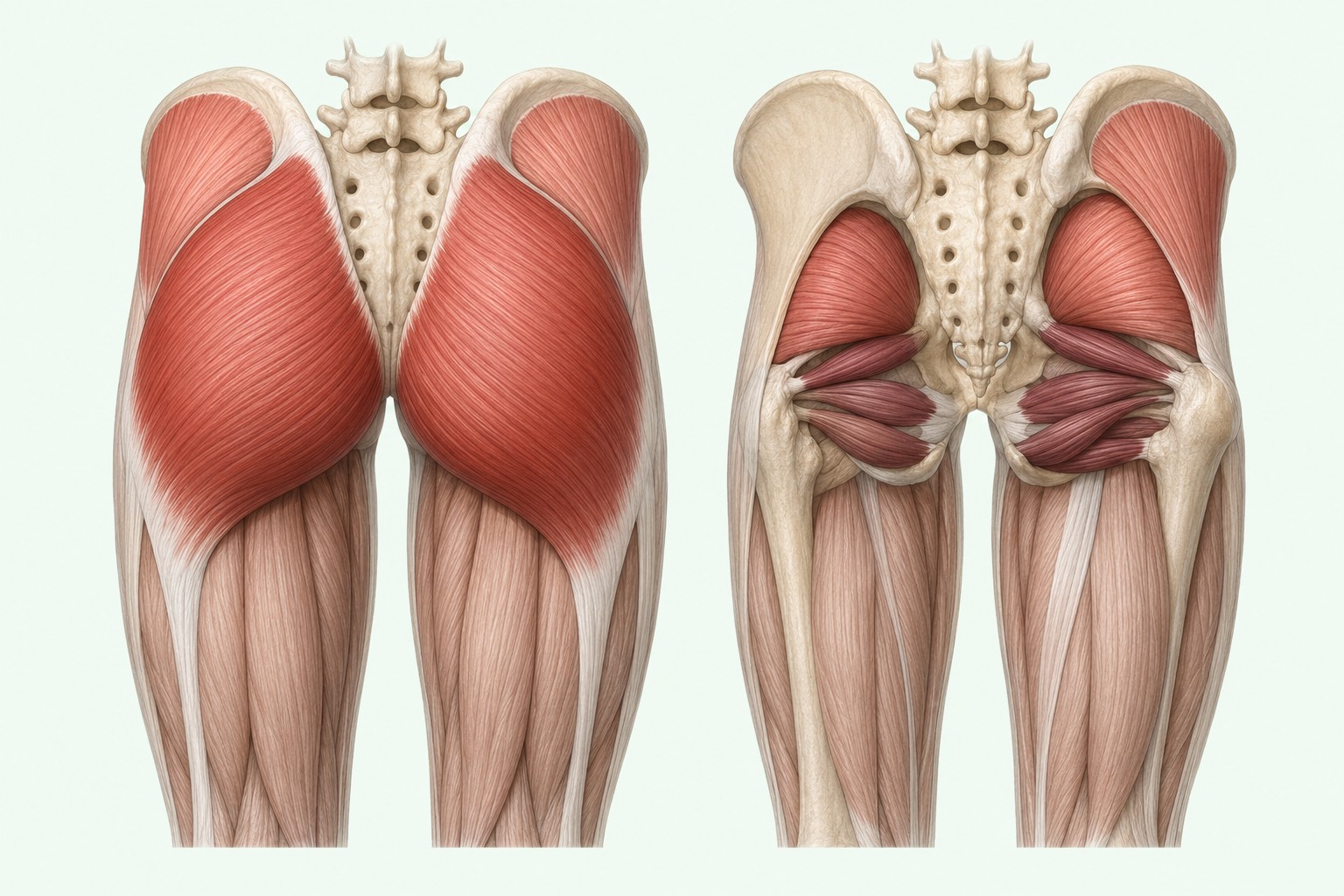 Anatomie des muscles fessiers en deux vues postérieures : couche superficielle et couche profonde