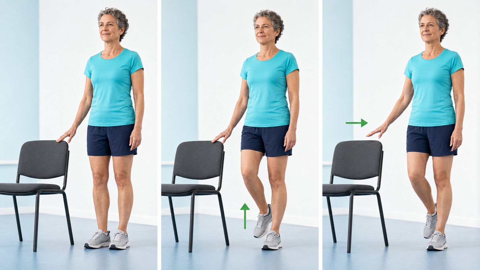 Progression de l’équilibre sur un pied : deux pieds au sol, un pied levé avec appui puis main décollée de la chaise