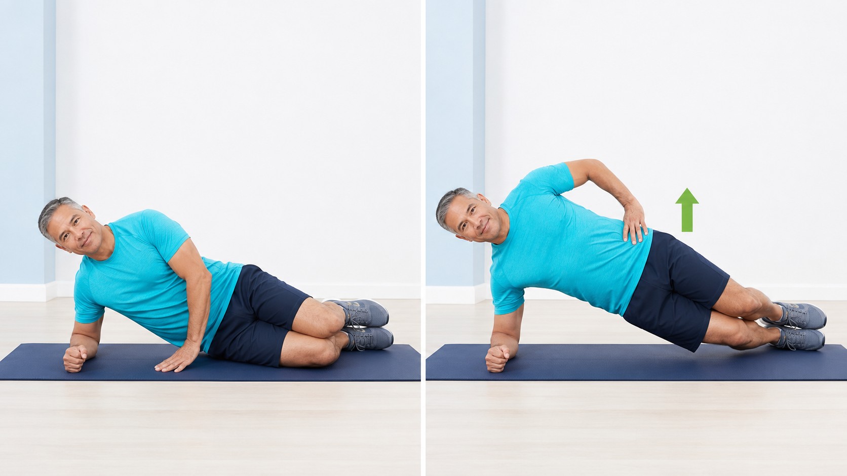Gainage latéral sur les genoux présenté en position basse puis bassin relevé