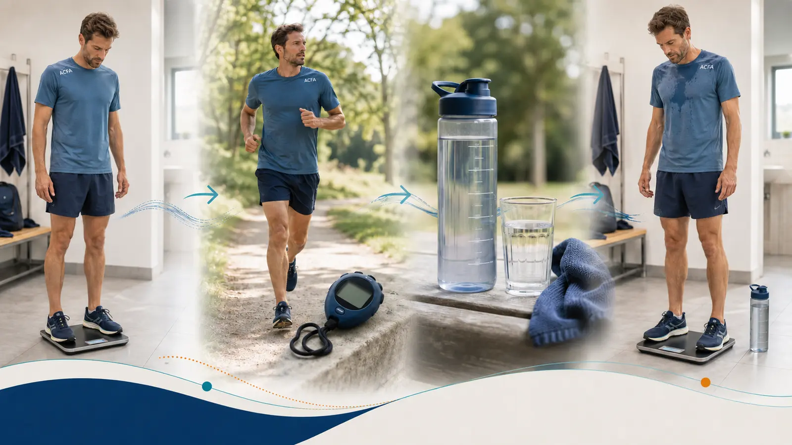 Coureur se pesant avant et après une séance, avec course chronométrée et mesure de la quantité bue.