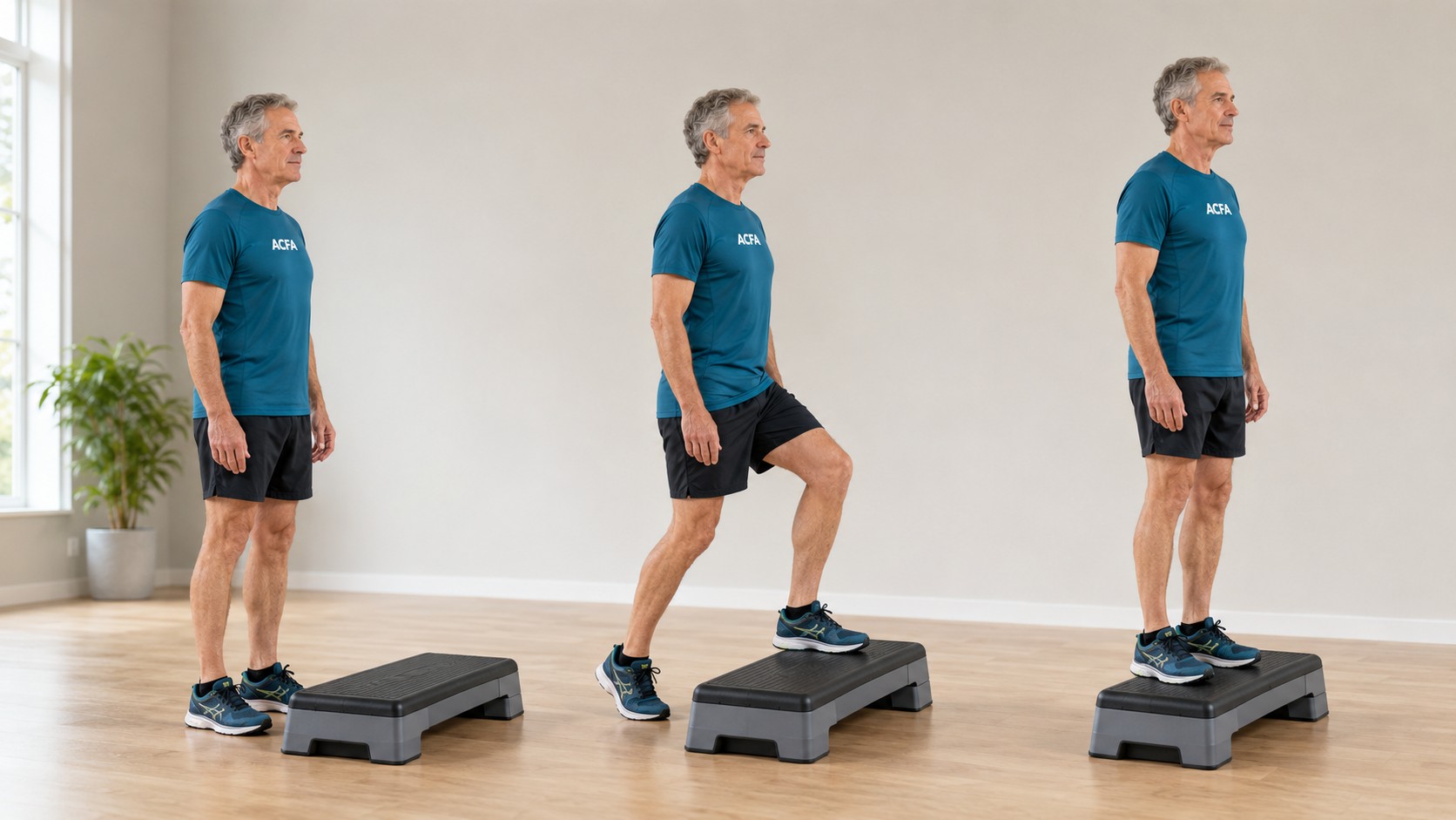 Montée sur une marche présentée en trois étapes : position initiale, poussée contrôlée puis stabilisation en hauteur