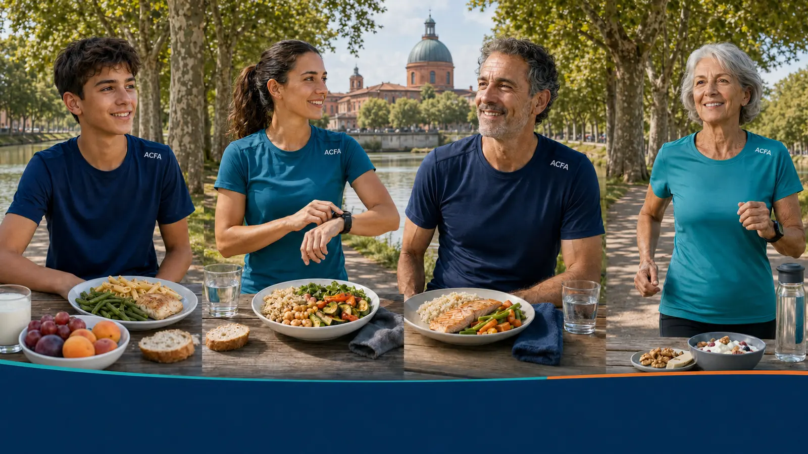 Adolescent, femme adulte, coureur master et femme senior associés à des repas adaptés à leur pratique.