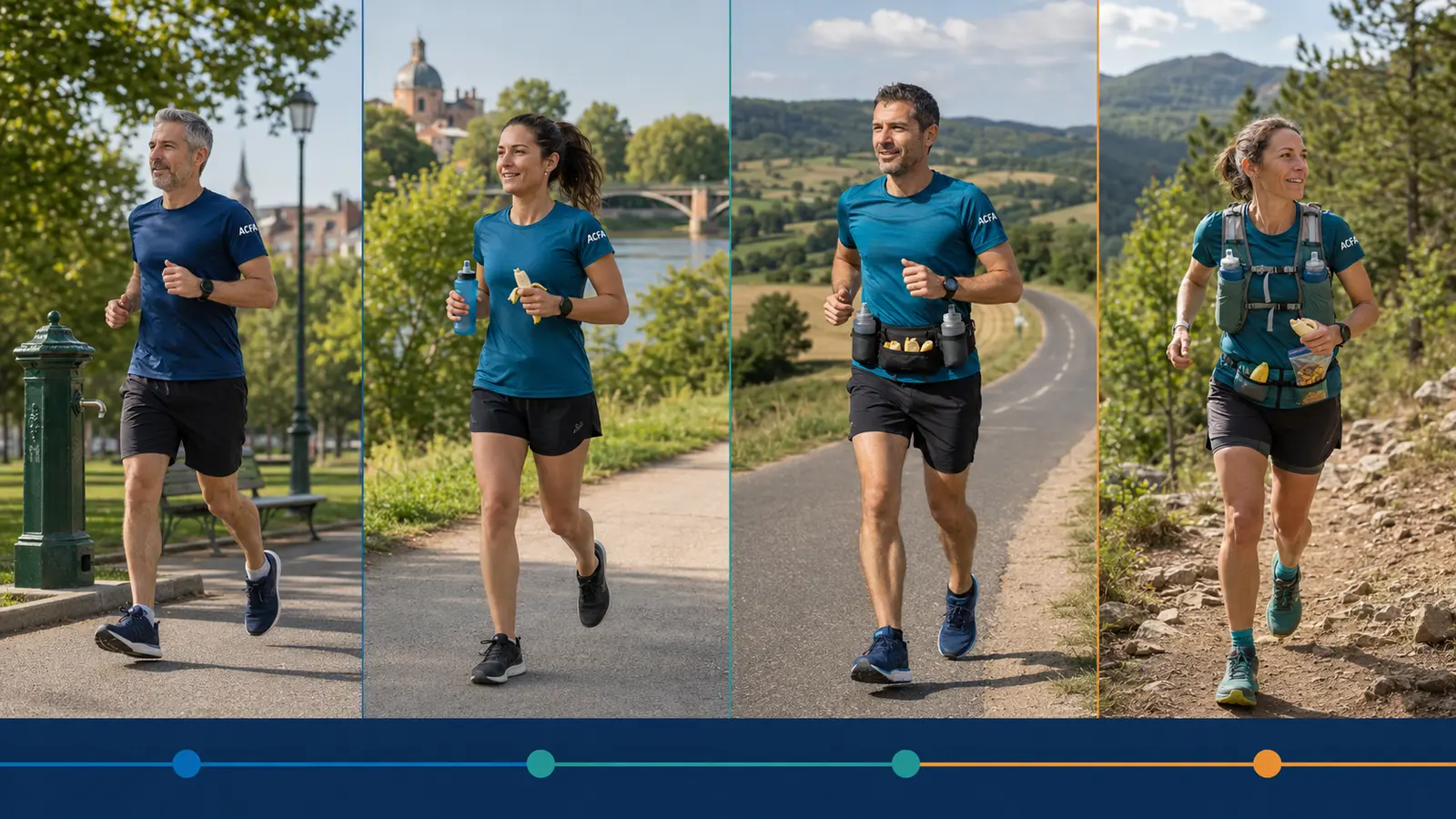 Quatre coureurs illustrant une progression de la sortie courte au trail long avec davantage d’eau et de ravitaillement.