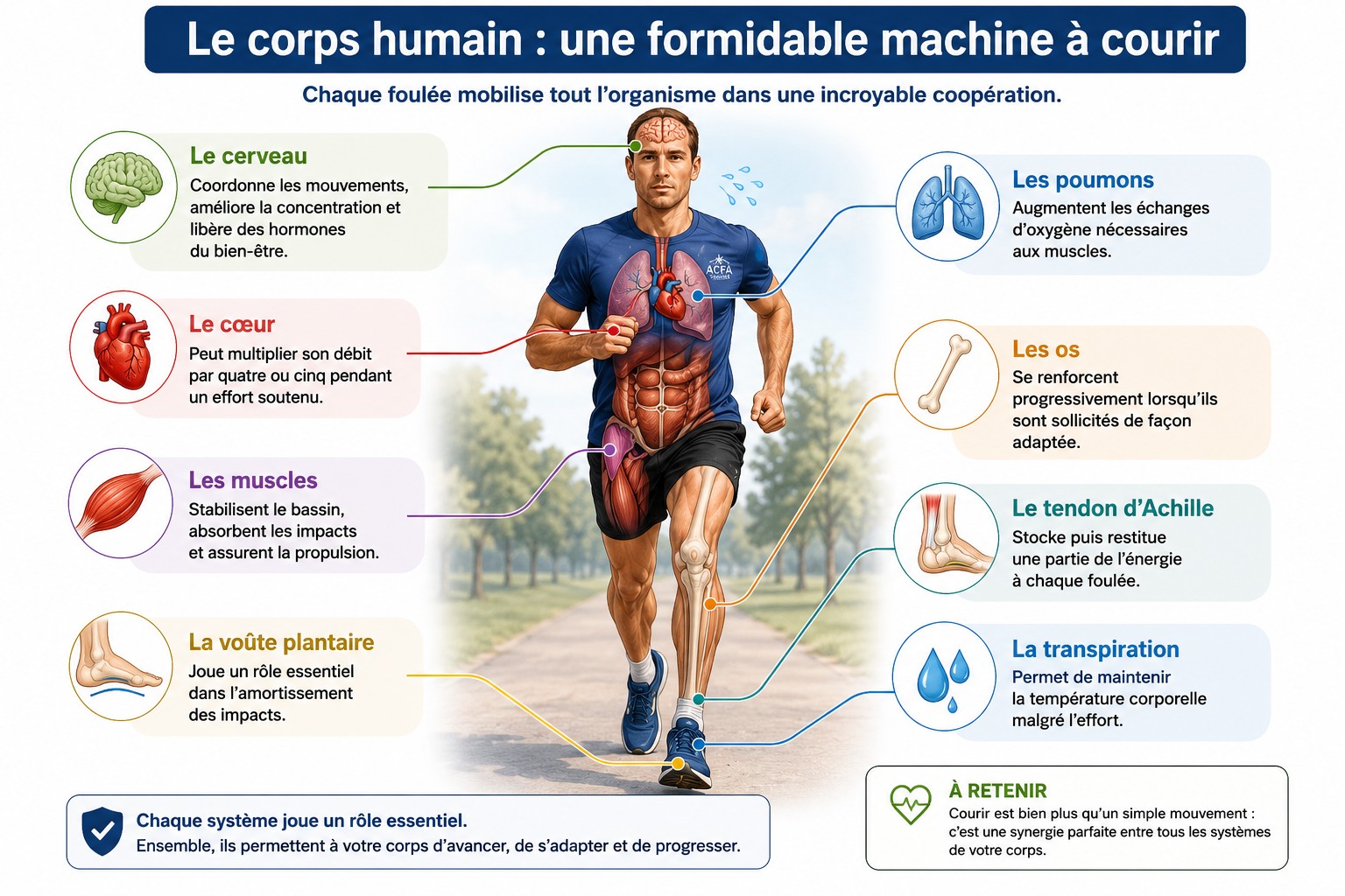 Schéma des principales parties du corps mobilisées pendant la course