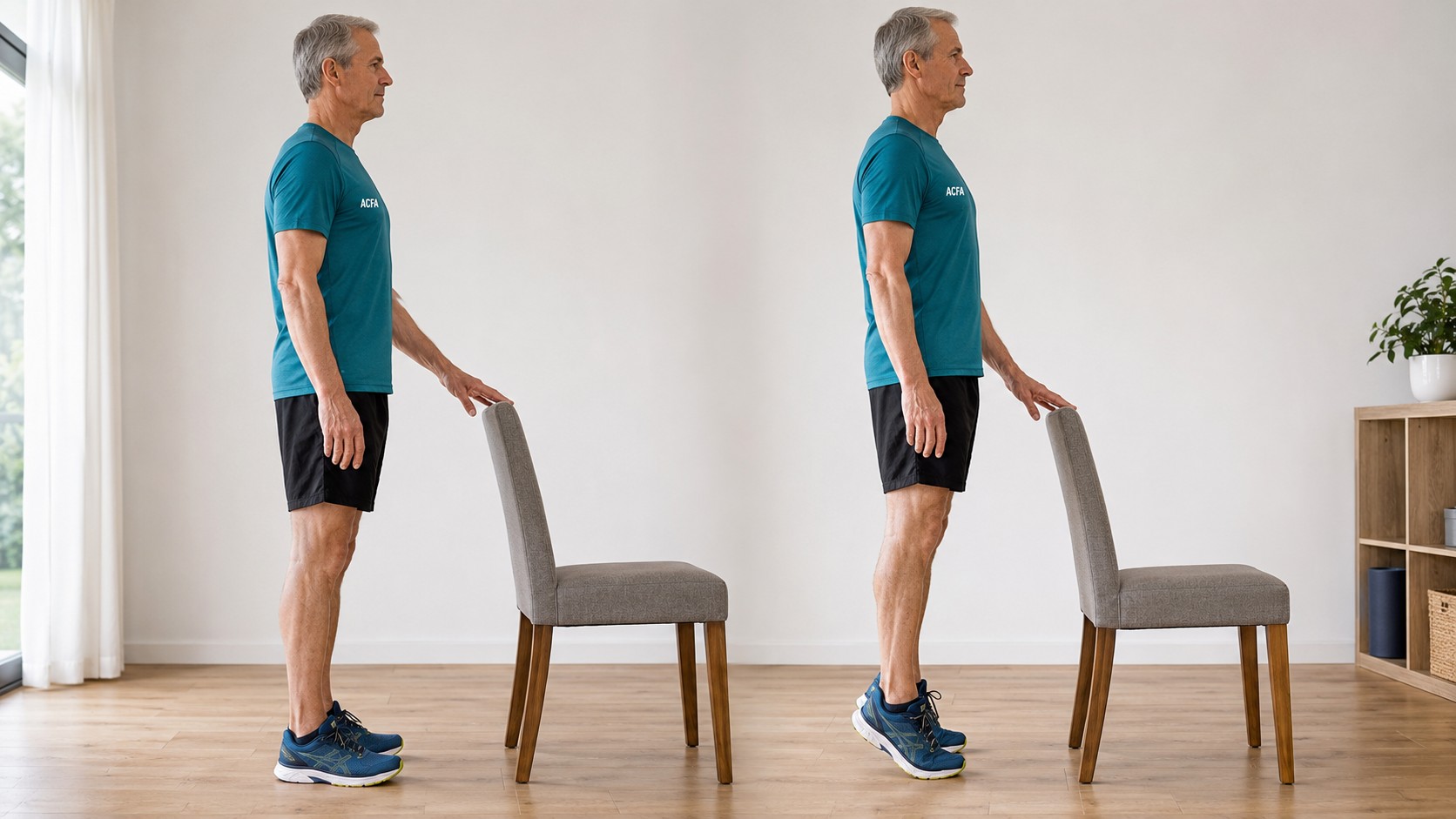 Montée sur pointes présentée en deux étapes : pieds à plat puis talons relevés avec les jambes presque tendues