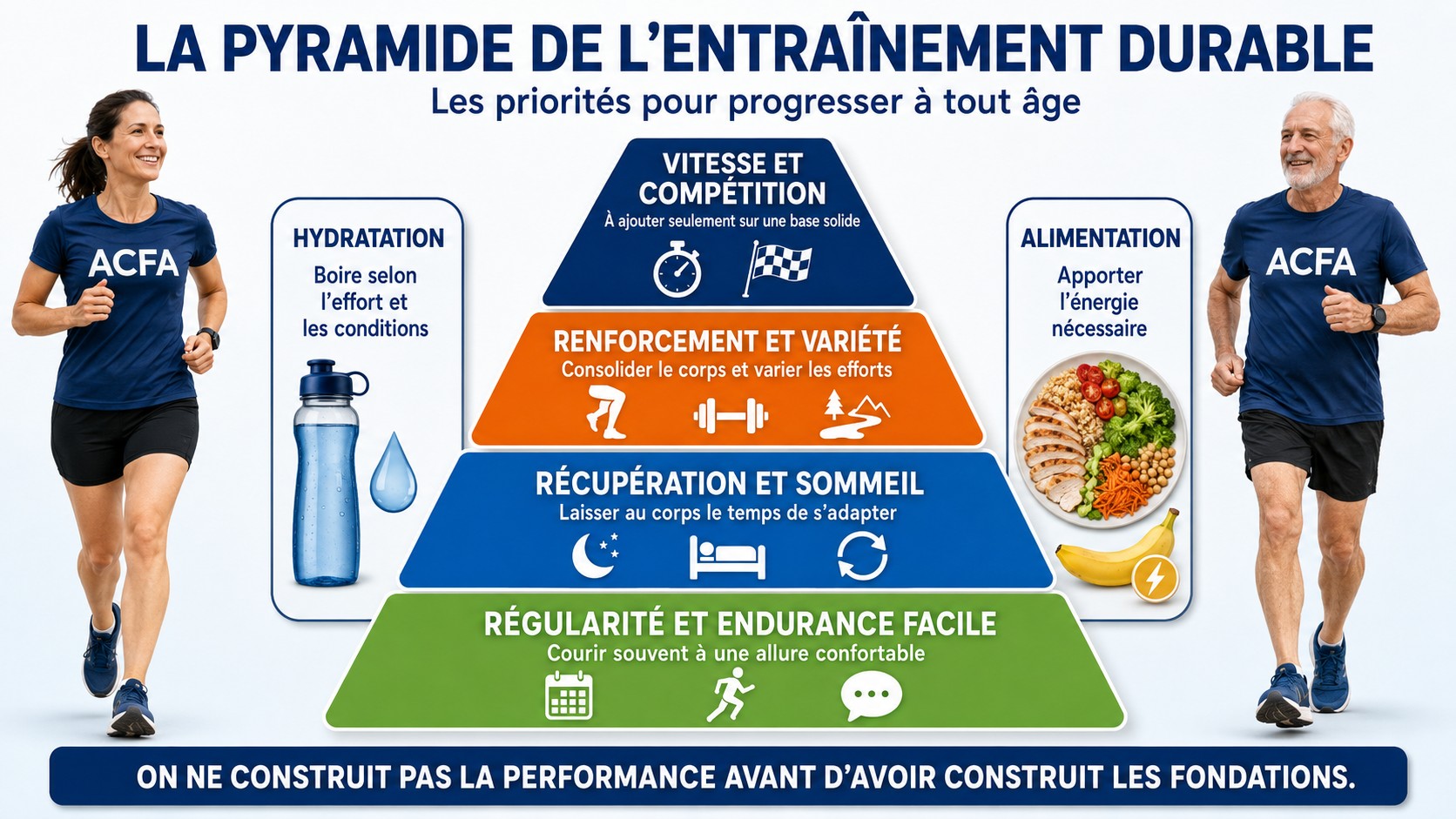 Pyramide de l’entraînement durable avec régularité, récupération, renforcement et vitesse