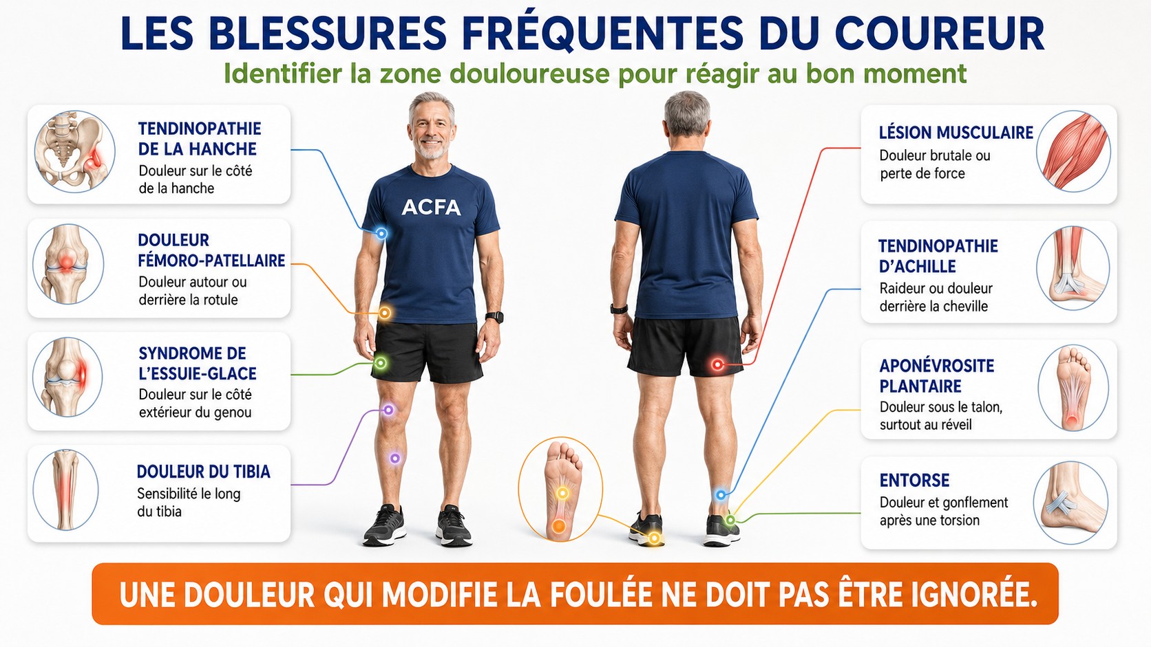 Localisation des blessures fréquentes du coureur sur une silhouette portant un tee-shirt ACFA