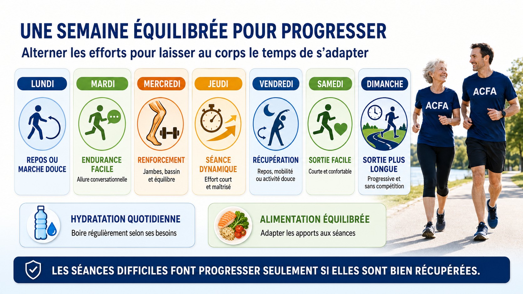 Exemple de semaine équilibrée alternant course facile, renforcement, effort dynamique et récupération