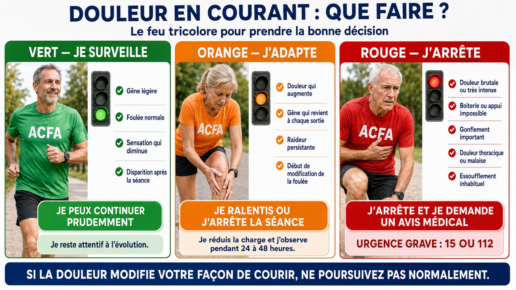 Feu tricolore pour savoir s’il faut continuer, adapter ou arrêter de courir en cas de douleur