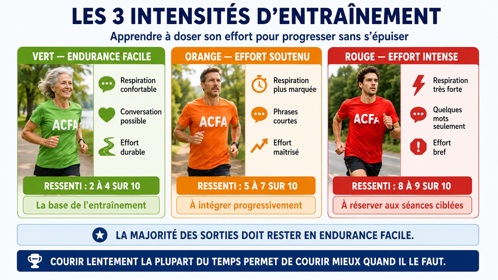 Trois intensités d’entraînement : endurance facile, effort soutenu et effort intense