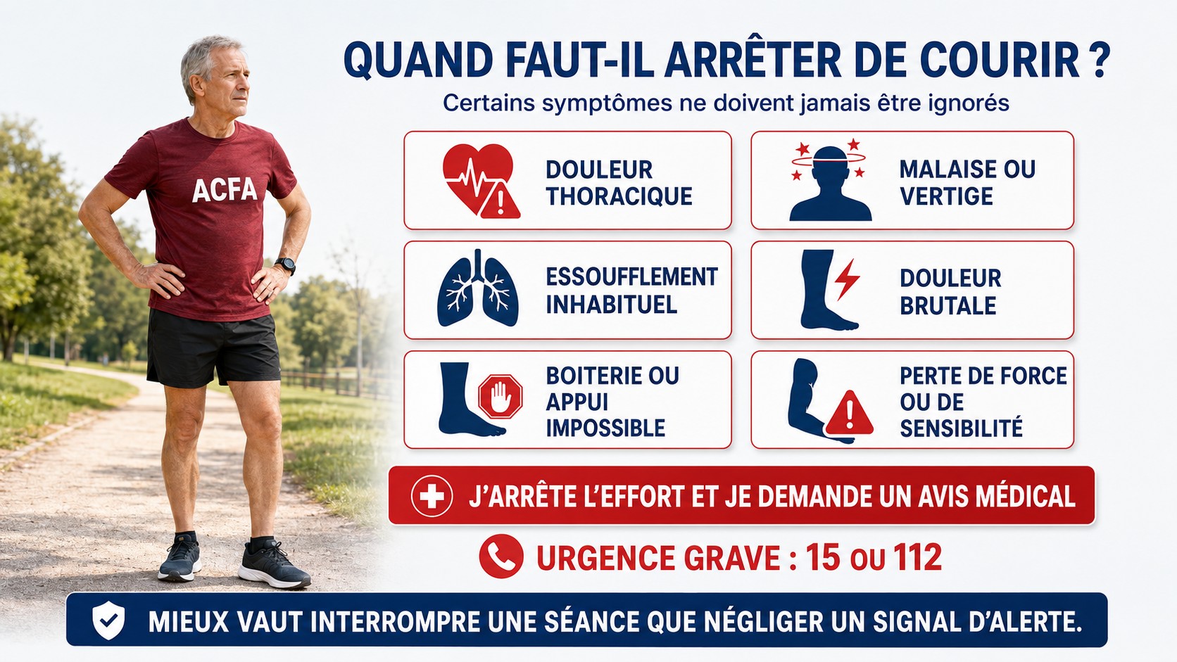 Symptômes imposant l’arrêt immédiat de la course et un avis médical