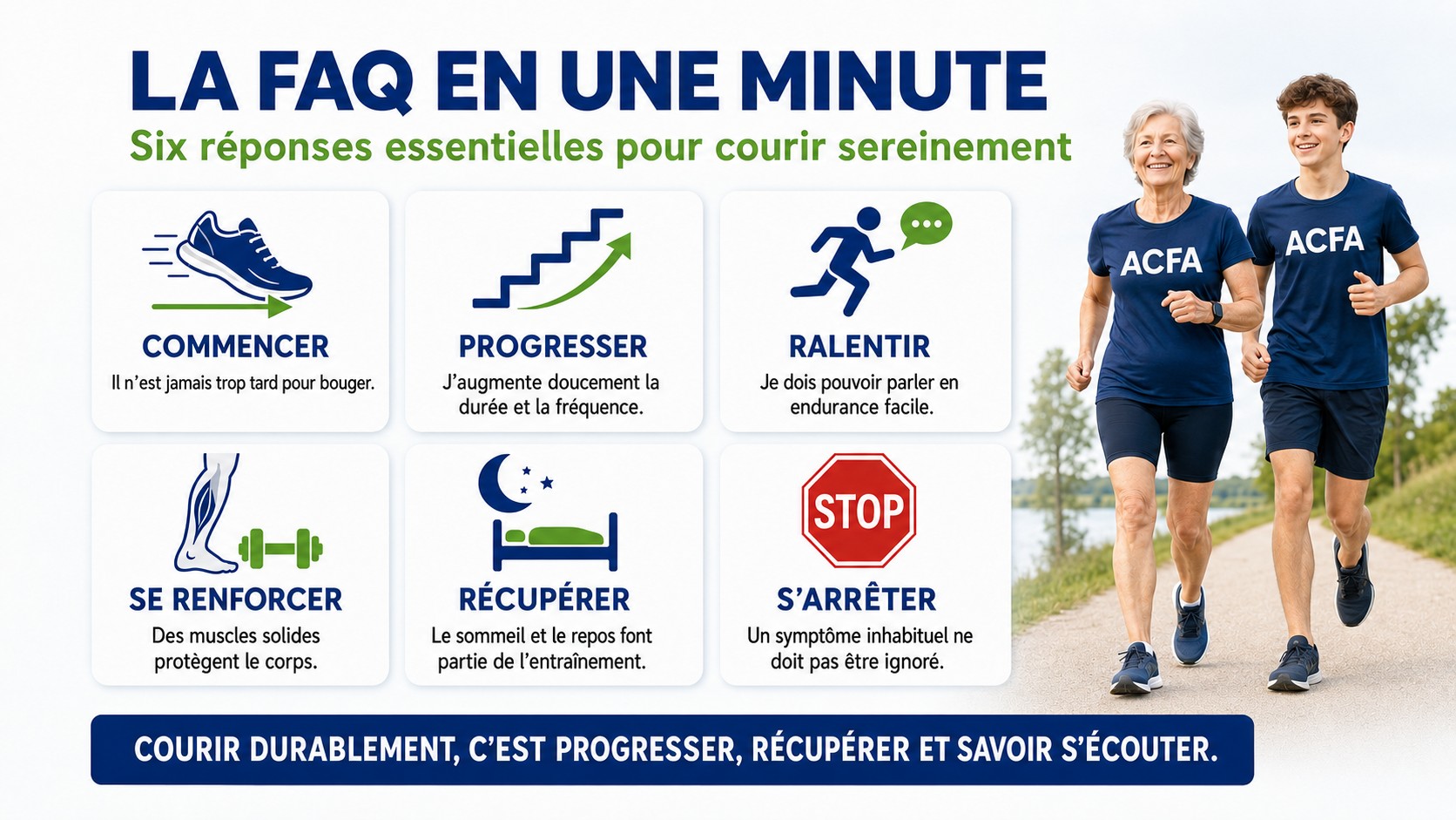 Adolescent et coureuse senior résumant les conseils essentiels pour courir à tout âge