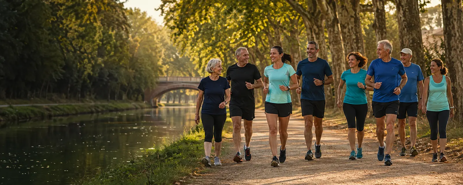 Coureurs et marcheurs de différents âges réunis le long du Canal du Midi à Toulouse