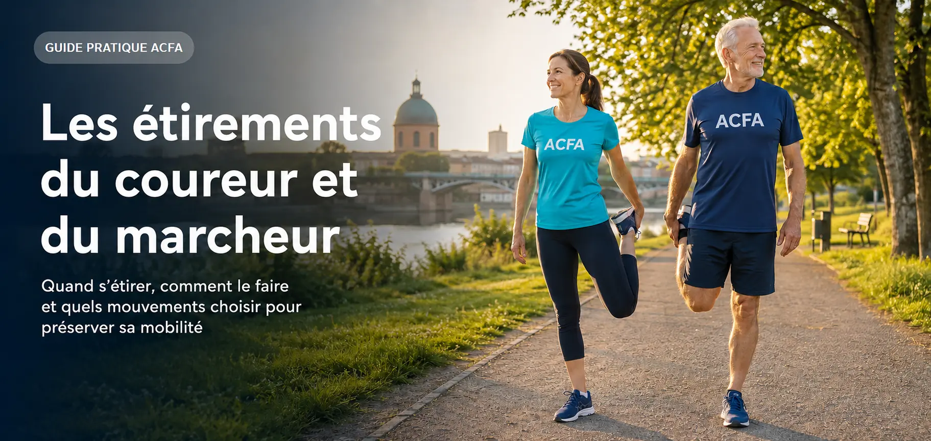Coureuse et marcheur réalisant des étirements dans un parc à Toulouse