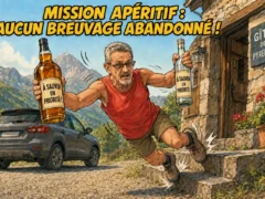Caricature de la rando d’été ACFA 2026 illustrant le sauvetage des bouteilles d’apéritif au gîte d’Ardoisière