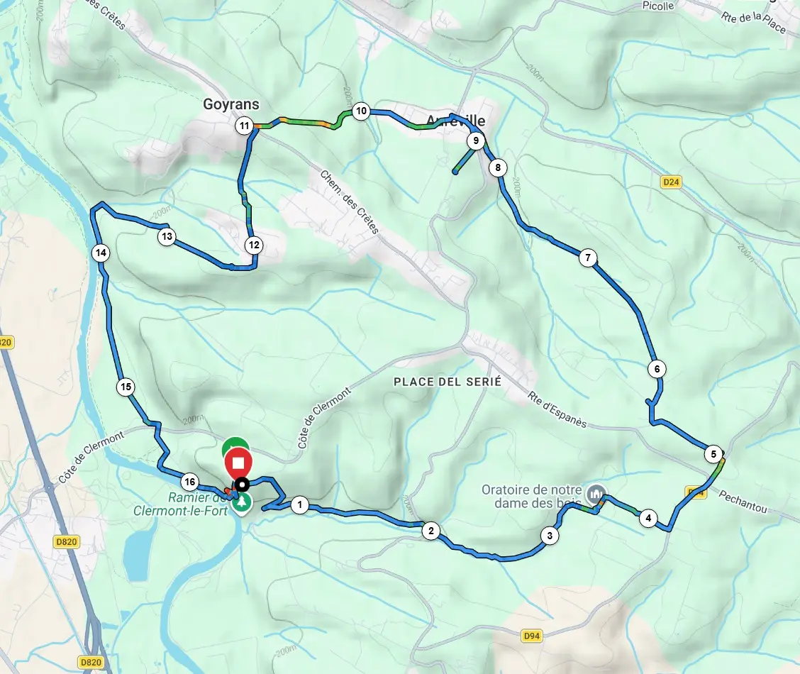 Carte du circuit de randonnée de 16,65 kilomètres autour de Clermont-le-Fort, Aureville et Goyrans