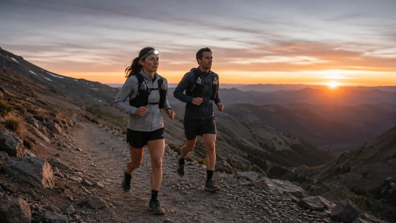 Coureuse et coureur de longue distance équipés au lever du jour