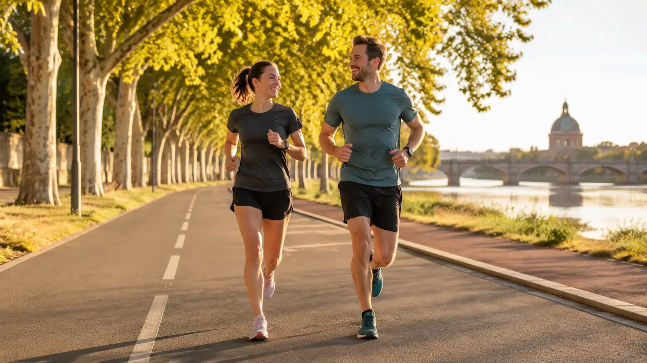 Femme et homme courant ensemble sur une route au lever du soleil