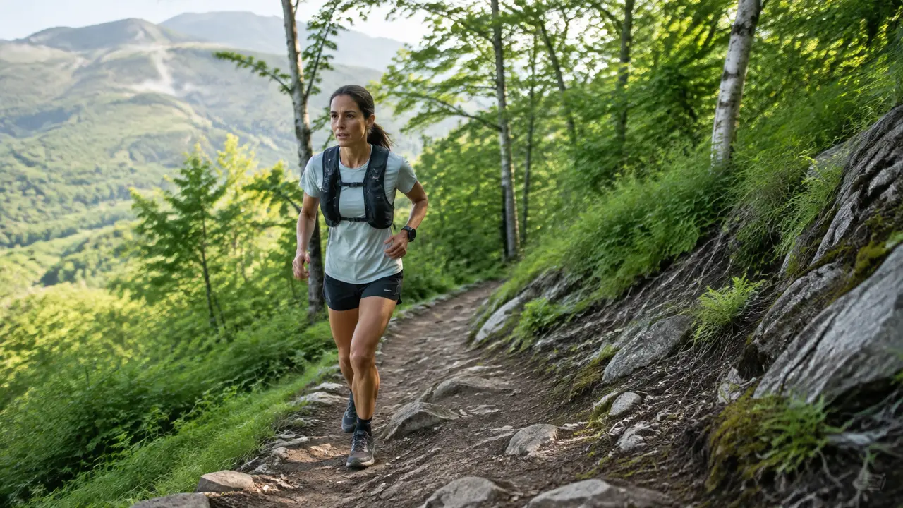 Traileuse courant sur un sentier naturel en montagne