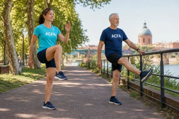 Coureuse et coureur pratiquant des exercices de mobilité dynamique avant l’effort