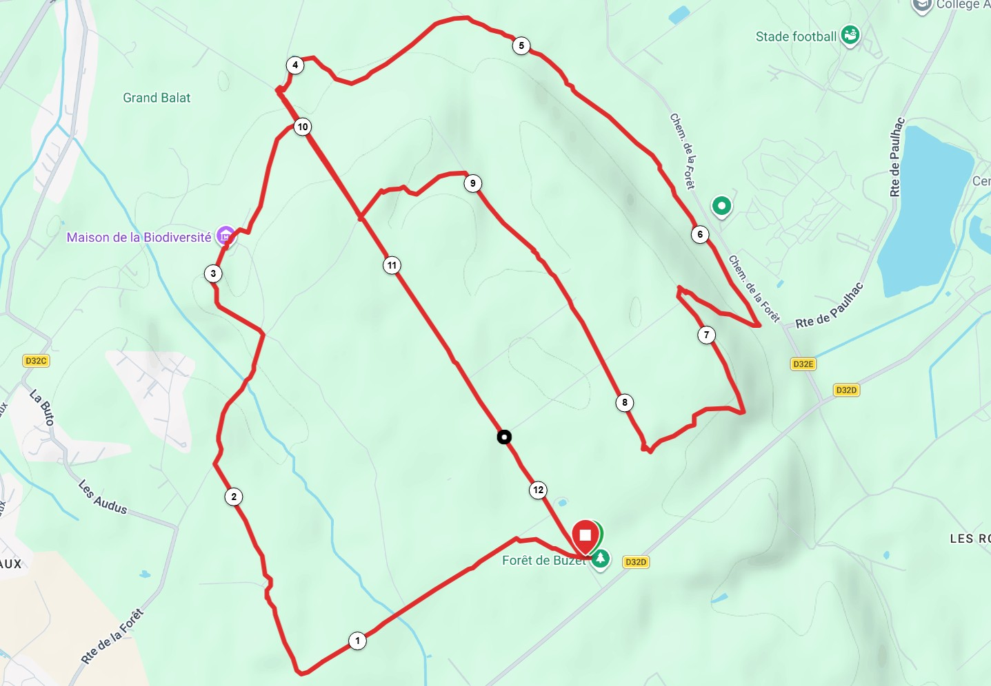Carte de la randonnée ACFA de 12,32 kilomètres dans la forêt de Buzet