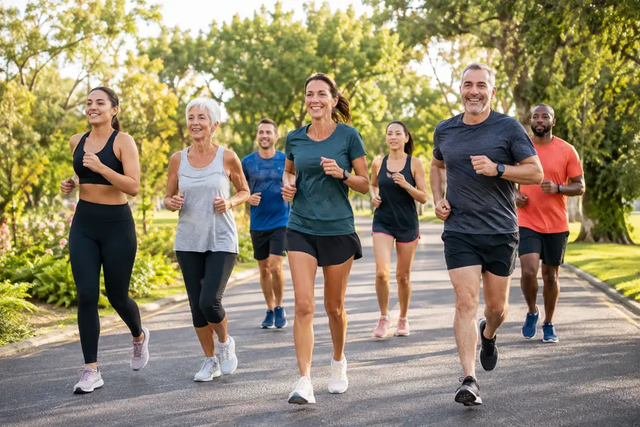 Femmes et hommes courant ensemble sur une route