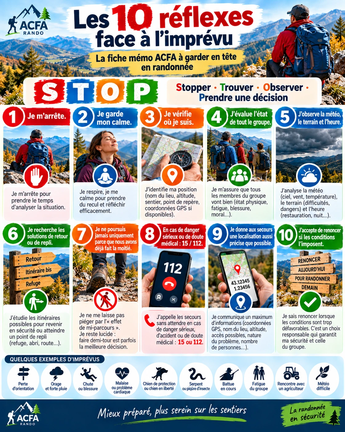 Infographie ACFA : les 10 réflexes à adopter face à un imprévu en randonnée