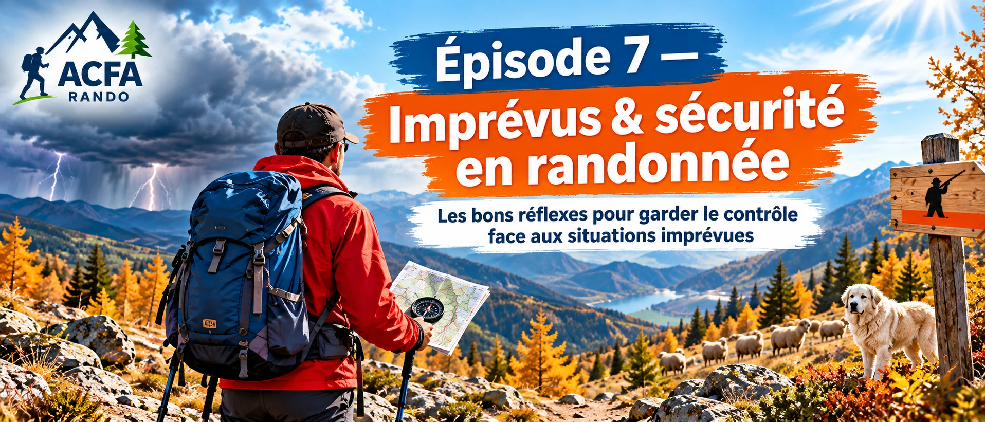 Épisode 7 de la Saga randonnée ACFA : imprévus et sécurité en randonnée, avec randonneur, orage, chien de protection et panneau de chasse