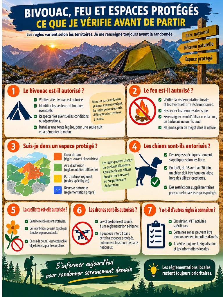 Respecter la nature en randonnée : vérifications avant bivouac, feu et passage dans un espace protégé