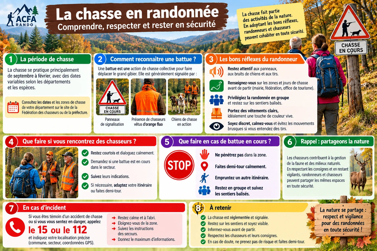 Infographie ACFA : randonnée en période de chasse et conduite à tenir en cas de battue
