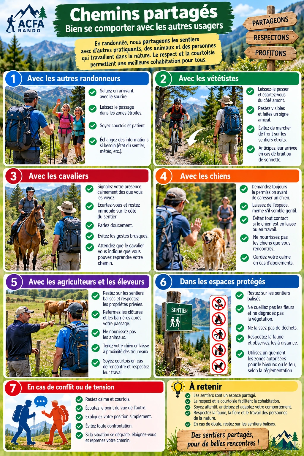 Infographie ACFA : partager les sentiers avec randonneurs, vététistes, cavaliers, chiens et agriculteurs