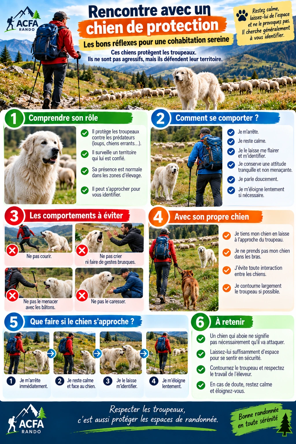 Infographie ACFA : bons comportements lors d’une rencontre avec un chien de protection de troupeau en randonnée