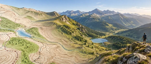 Carte de randonnée se transformant en paysage de montagne pour apprendre à lire le relief
