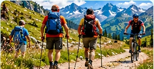 Randonneurs et vététiste partageant un chemin de montagne