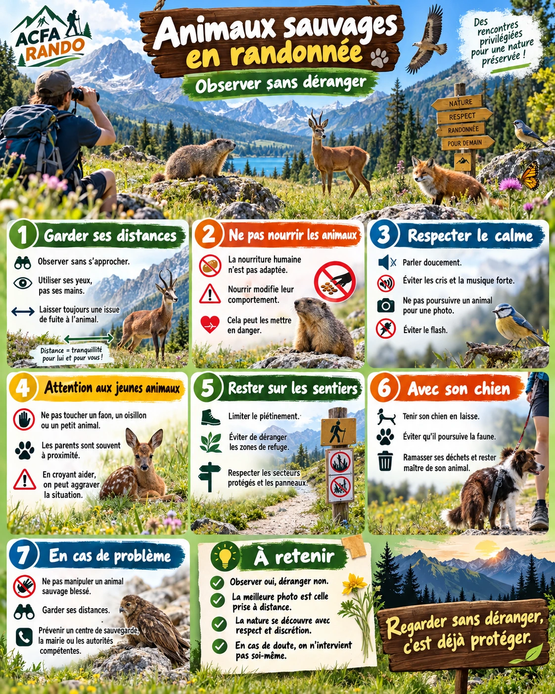 Infographie ACFA : observer les animaux sauvages et respecter la faune et la flore en randonnée